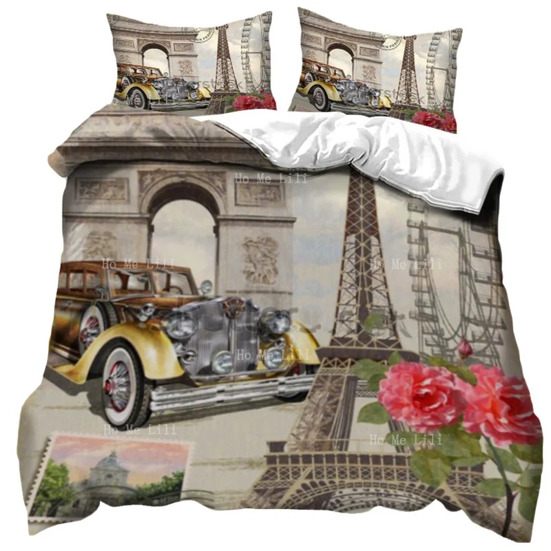 Paris Vintage Postcard With Retro Car And Eiffel Tower Duvet By Ho Me Lili Bedding Set