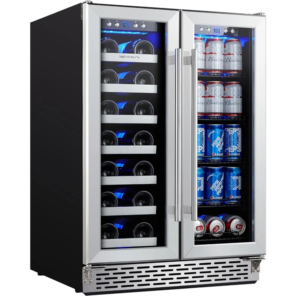 20 Bottles 78 Cans, Built-in/Freestanding Dual Zone Wine Fridge with Glass Door, Removable Shelves for Home/Bar/Office