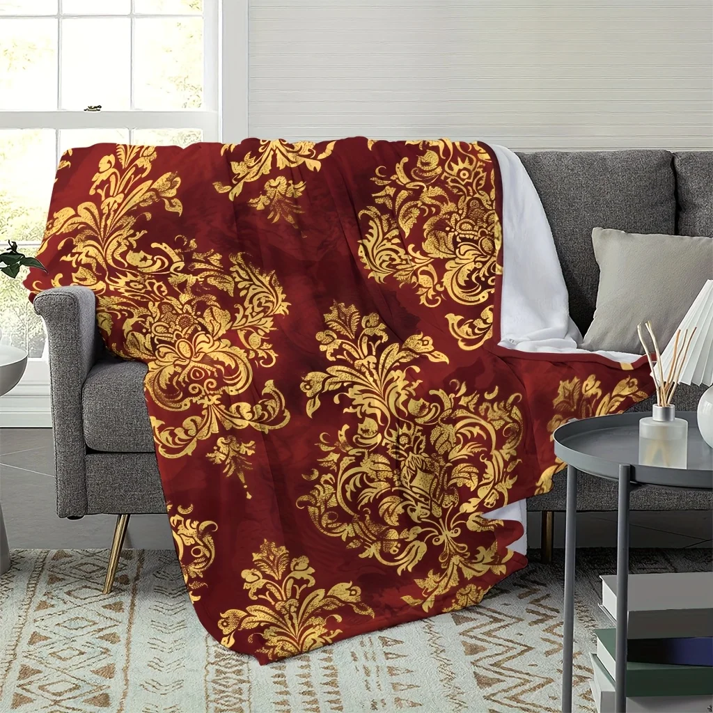 Baroque Golden Floral Damask Print Blanket,Cozy Light Flannel Throw For Couch Office Camping, Wine Red Base Elegant Home Blanket