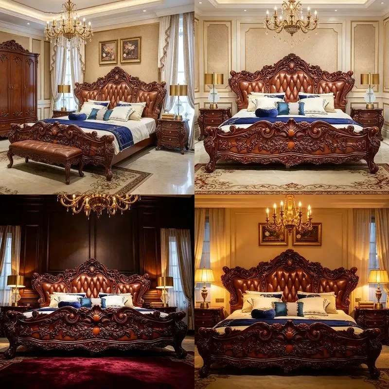 High-end retro walnut veneer leather deep carved pattern sturdy frame luxury wooden bed, suitable for attic master bedroom