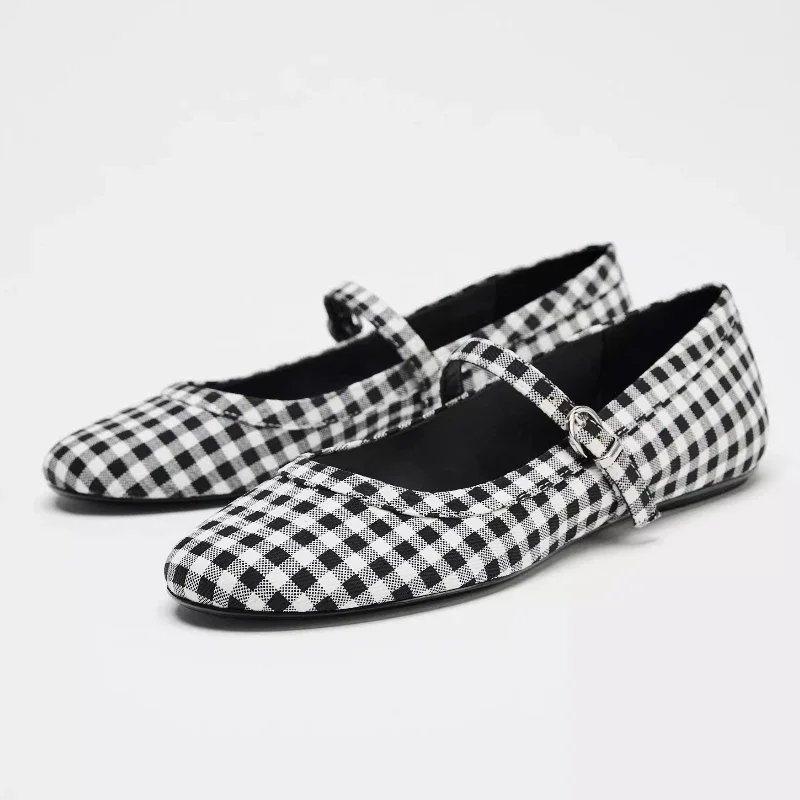 

Comfortable Plaid Print Ballet Flats Women Round Toe Buckle Design Mary Jane Shoes Fashion Party Dress Designer Shoes for Ladies