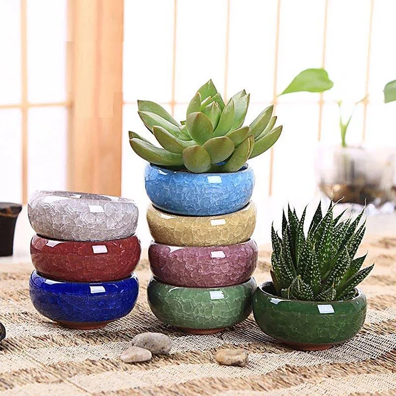 Cute Ceramic Ice-Crack Glaze Succulent Flower Pot Mini Planter for Home Office Garden Decorative Plant Pot
