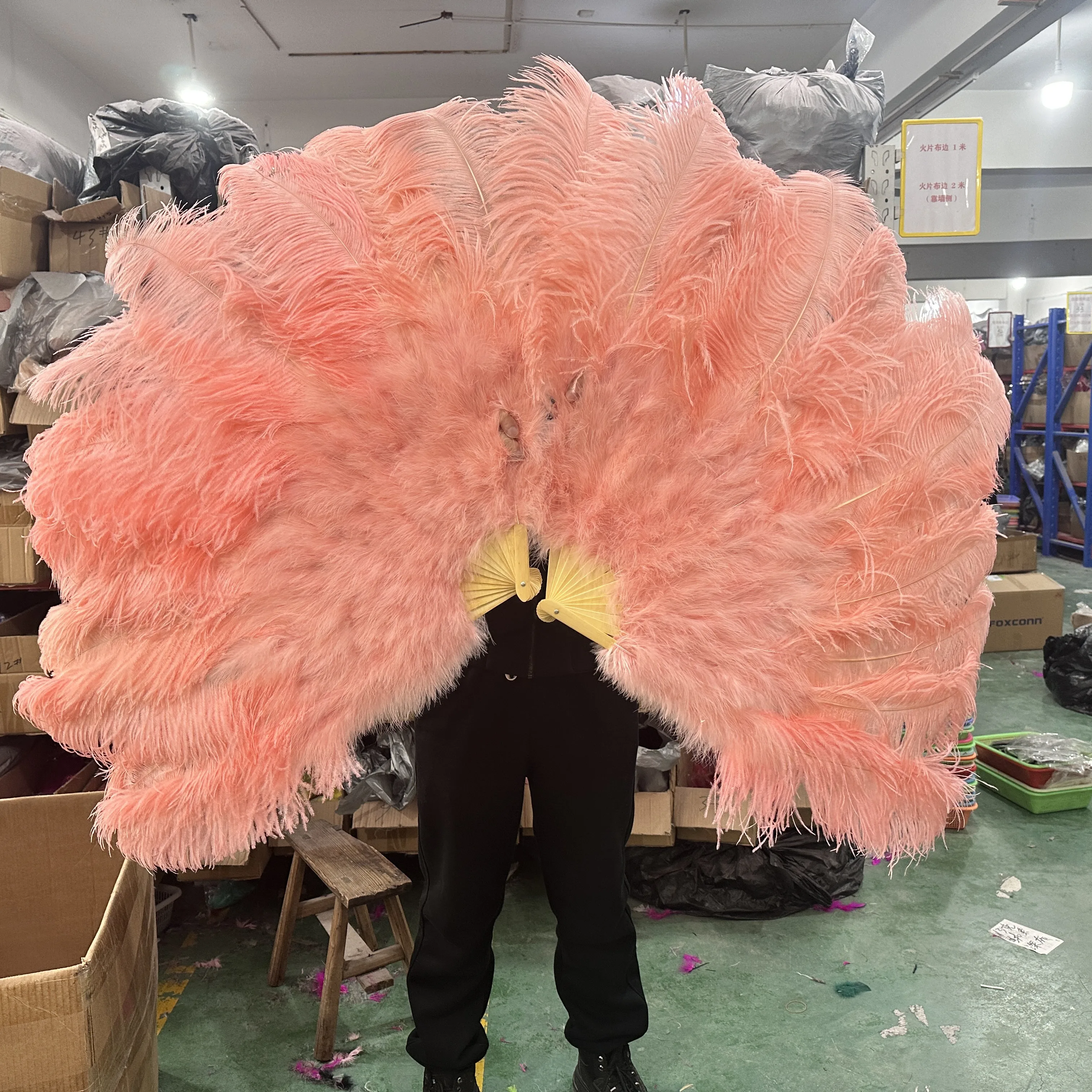 13Bone Big Ostrich Feathers Fan Shrimp Pink 130CM With Marabou Feather Fan Performance Dance Props Plumages Fans Foldable Fan