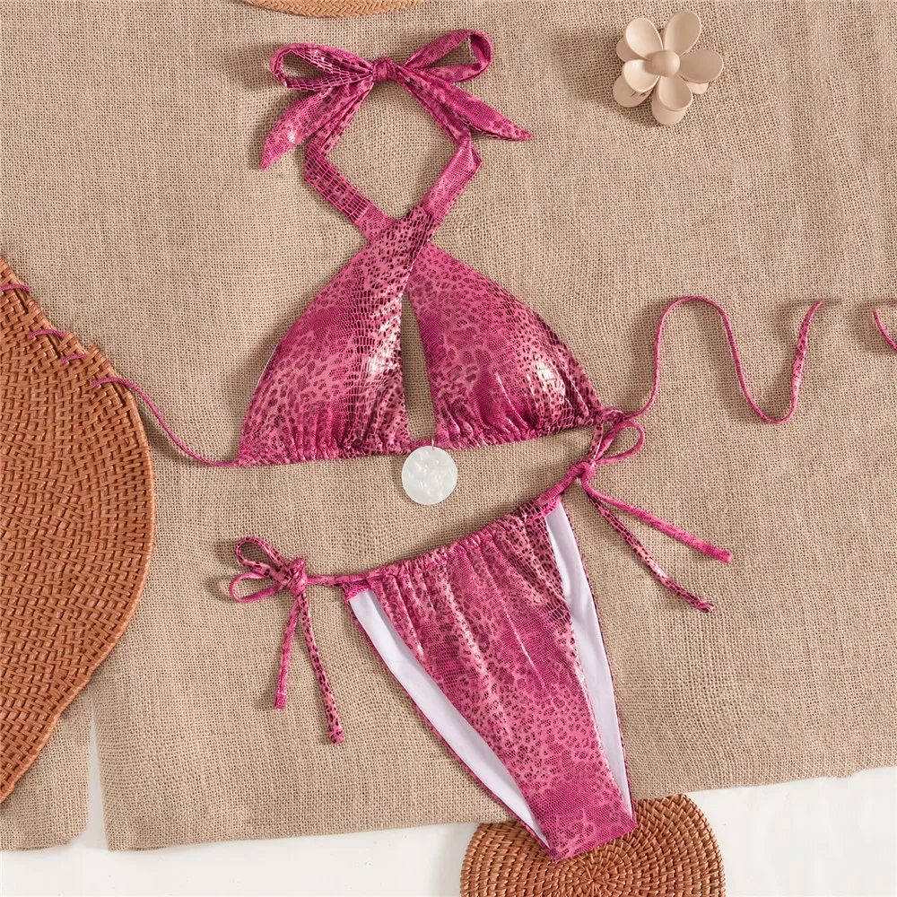 

Rose Red Leopard Print Cross Halter Bikini Micro Thong Sexy Swimsuit Women 2026 String Swimwear Bathing Suit Bikinis Sets Mujer