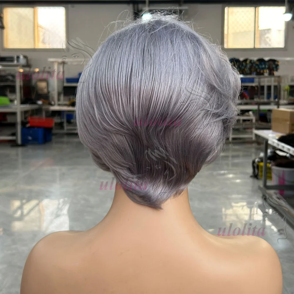 Pixie Cut Echthaarperücken, Salz-und-Pfeffer-Perücken, kurze Bob-Echthaarperücken, sofort tragbar, ohne Klebstoff, 13x4 Lace Frontal Perücken, brasilianisch gewellt – Detail 6