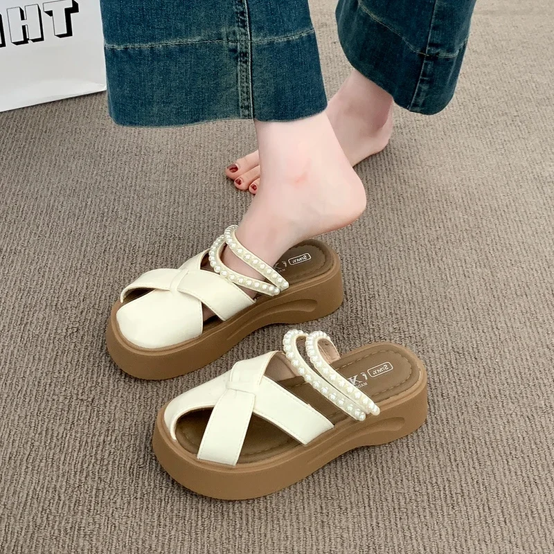 

Shoes for Women 2025 Fashion Summer New Outdoor Sponge Bottom Women's Slippers Baotou Solid Flat Bottom Modern Slippers