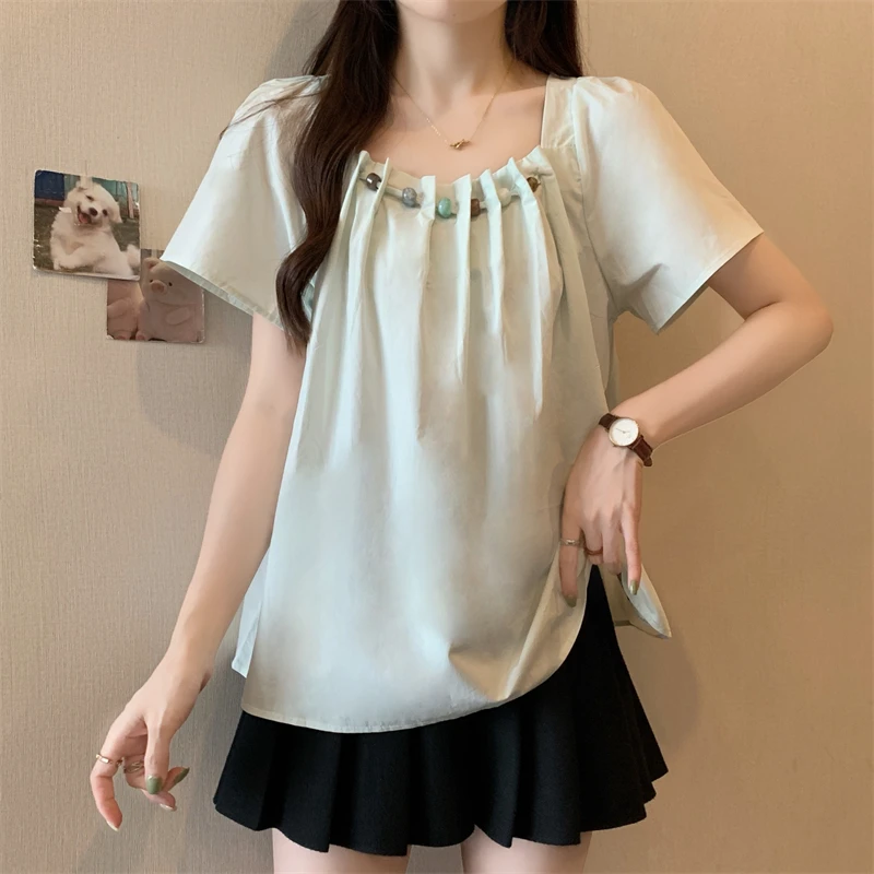 Camisa de manga voadora doce estilo coreano para mulheres, pregas com contas soltas, top versátil feminino, verão, nova, 2024