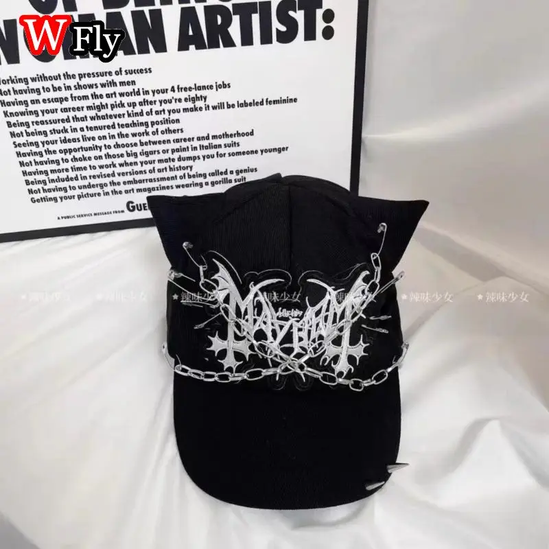 الثقافة الفرعية القط مخلب Harajuku مشرقة لطيف تنوعا القط الأذن قبعة بيسبول بطة اللسان قبعة سوداء برشام فتاة Y2K الحبيب هريرة #3