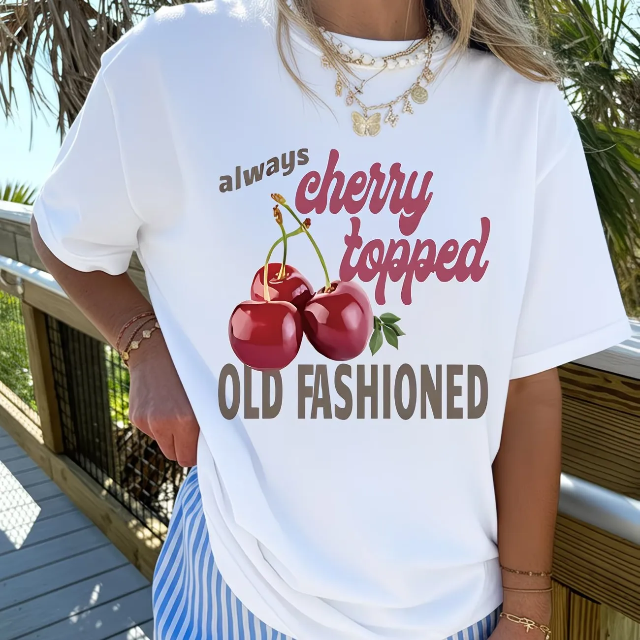 Camiseta gráfica con estampado de cerezas de Always Cherry, camisetas vintage estéticas de verano para mujer, camiseta informal de manga corta a la moda