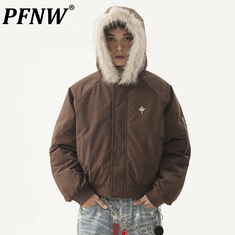 PFNW American Vintage Fur Collar Loose Casual Zipper Cotton Jakcets Men\'s Winter Trendy Warm Short Cotton-padded Coat 28W5485