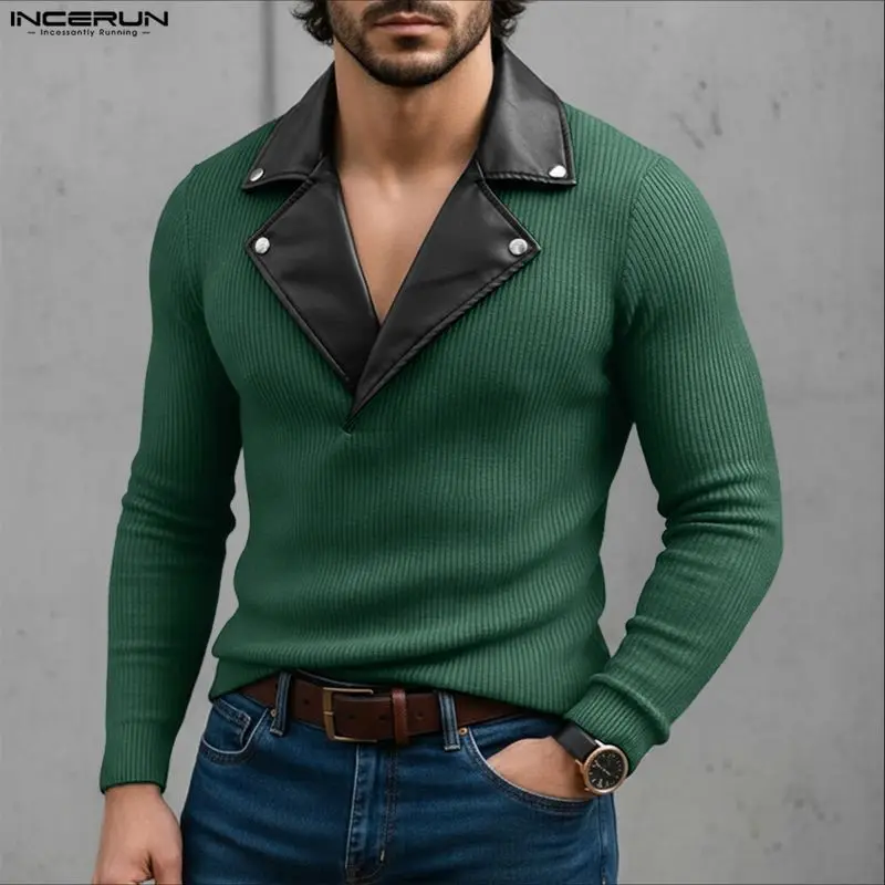 INCERUN Men Pullovers Patchwork Lapel Long Sleeve Knitted Male Sweaters Streetwear Spring Fashion Casual Thin Tops Men S-5XL