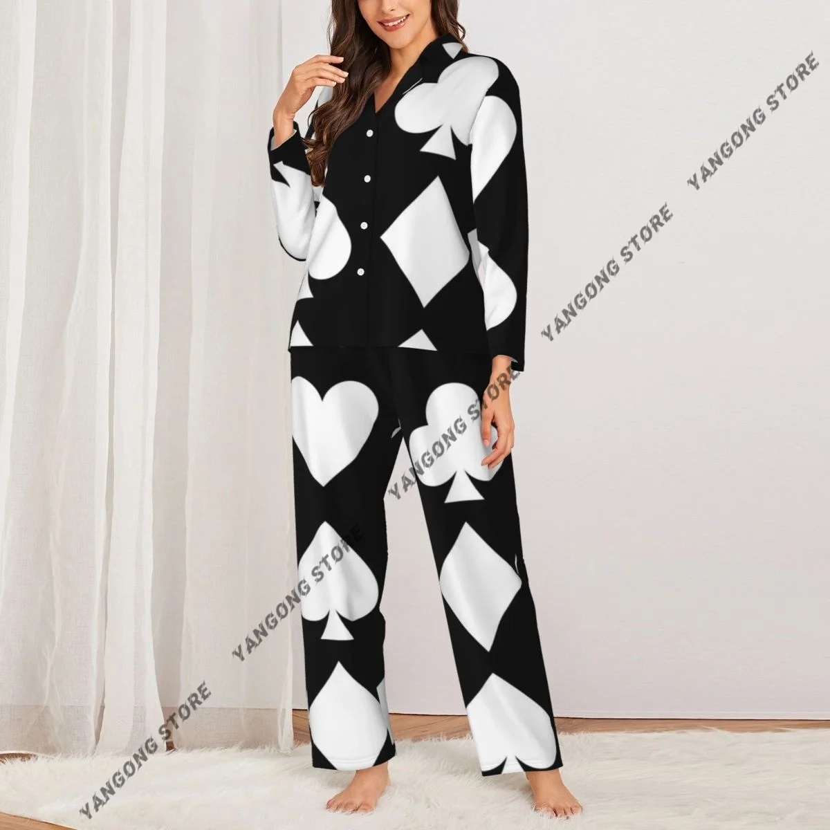 Spring and Autumn Long Sleeve Pants Pajamas Loungewear Set Playing Card Pattern Women's Pull Edge Loose Sleeping Suit