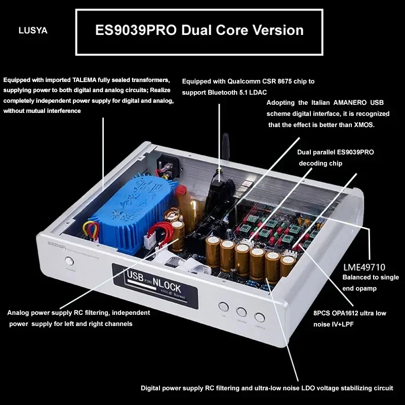 

DLHiFi DC300 Dual Core ES9038PRO ES9039PRO Bluetooth 5.0 Balanced HiFi Audio DSD DAC Decoder Amanero USB Remote Control HOT SALE