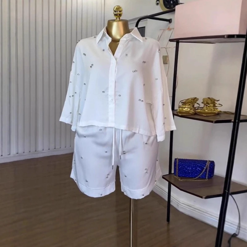 Summer Shirt Tops Women Shorts Sets Fashion Turn-Down Collar Loose Rhinestone Shirt Wide-Leg Shorts Casual Set Outfits 2026