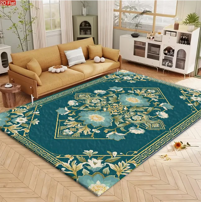 Chinese Style Peony Symmetrical Art Carpet Flooring Retro Gold Border Household Area Rug Home Interior Decoration Mat