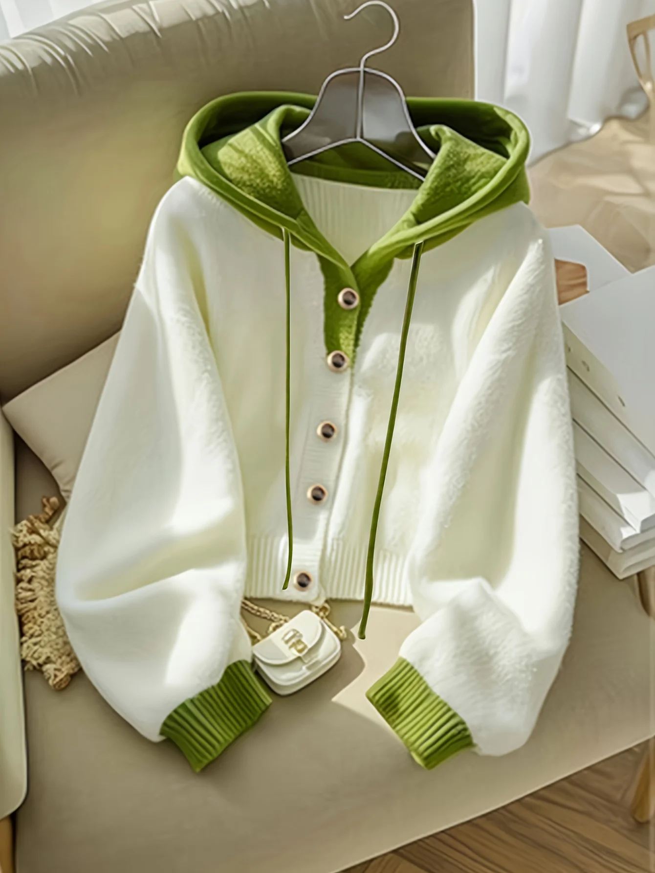 

Color Block Hooded Cardigan, Lantern Sleeve Casual Elegant Button Front Sweater, Fashion Women's Knitwear for Spring & Autumn