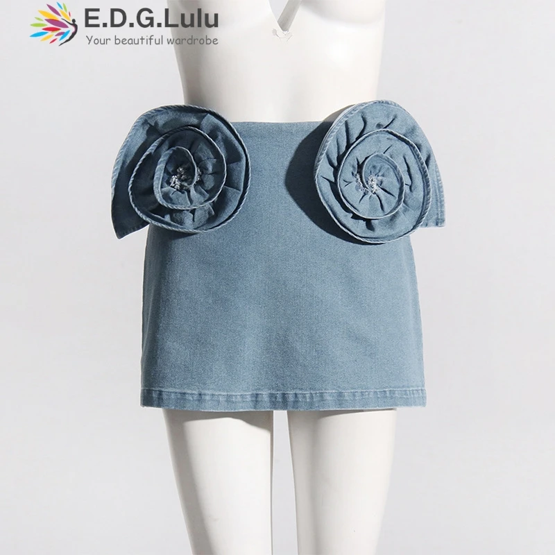 EDGLuLu 2025 Spring Trend New High Waist Three Dimensional Flowers A-Line Skirt Autumn Casual Korean Slim Denim Skirt Women 0108