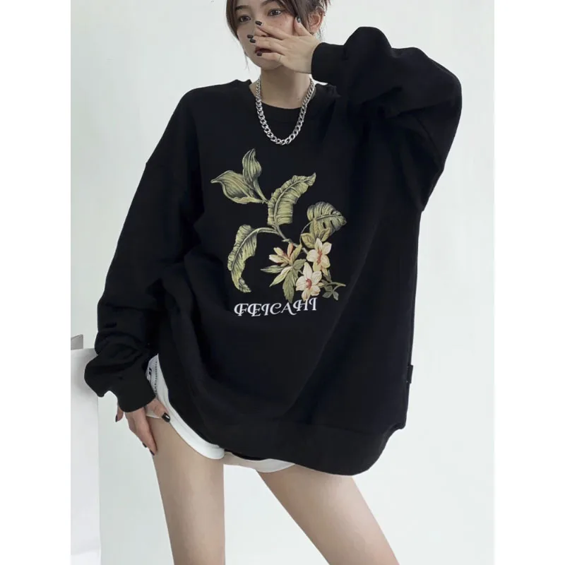 

Vintage Printed Hullover Hoodie Female Round Neck Fashionable Casual Sports Style Hoodies Korean Style Pullovers Top