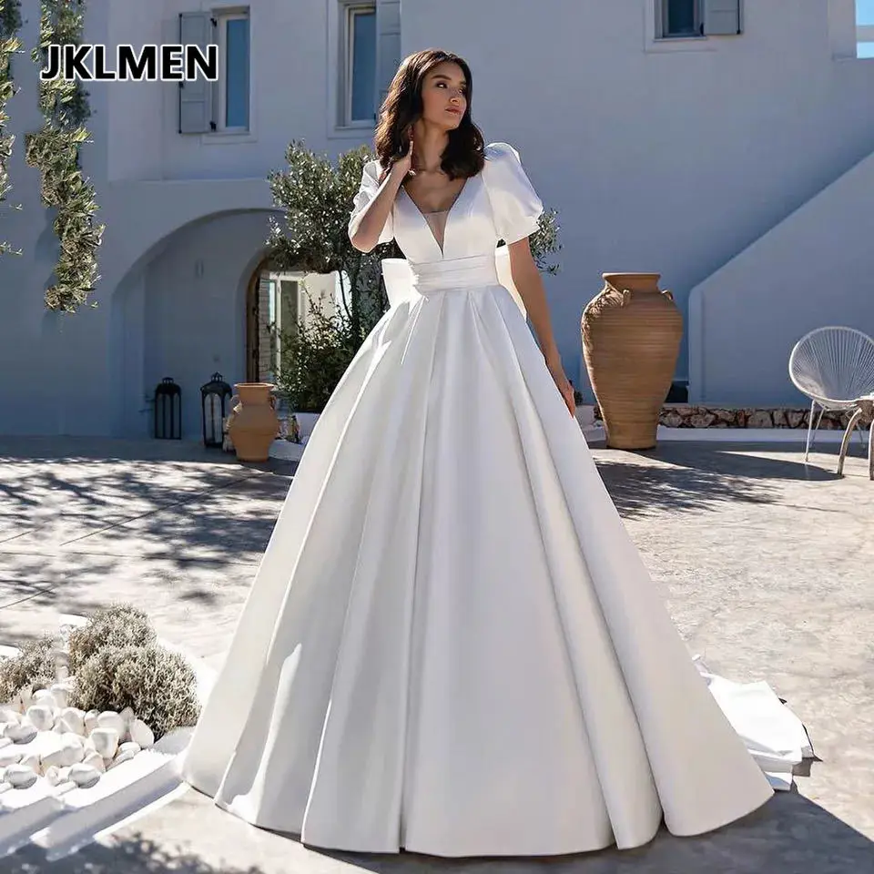 Customized White Satin Wedding Dresses with Pockets Short Sleeves Puff Backless Bridal Dress for Women Robe De Mariee Customize