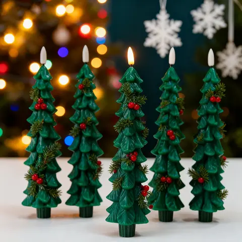 6pcs/2pcs Christmas Tree LED Flameless Candles Light with 3D Flame Wick Green LED Candlesticks Operated for Christmas Home Decor