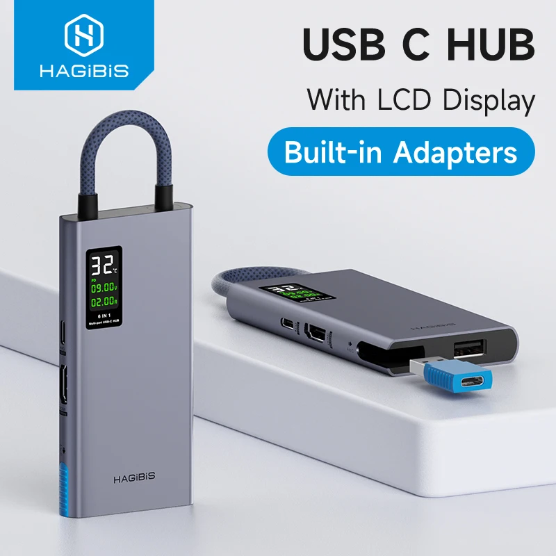 

Hub Hagibis USB C с ЖК-дисплеем Многопортовый адаптер типа C 4K HDMI-совместимый 100 Вт PD Gigabit Ethernet для Macbook Pro iPad HP