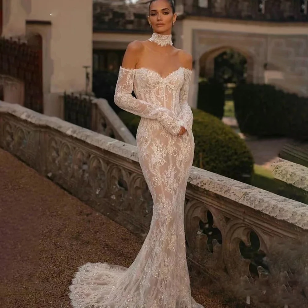 Sexy Princess Mermaid Wedding Dresses For Women Boat Neck Long Sleeve Customized  Bridal Gown Lace Appliques Backless Ball Gown