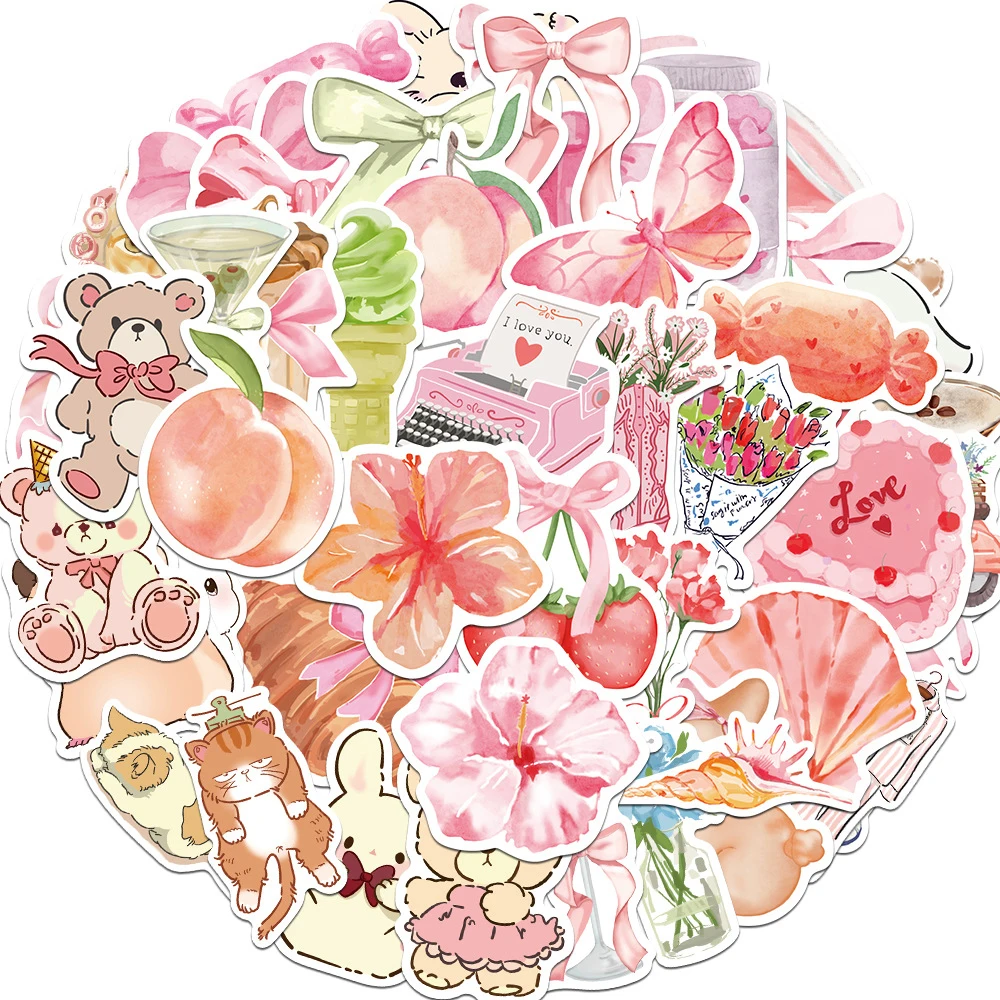 10/30/50pcs Cute Pink Little Bear Doll Bow Cartoon Decoration Stickers DIY Notebook Luggage Aesthetic Waterproof Sticker Decals