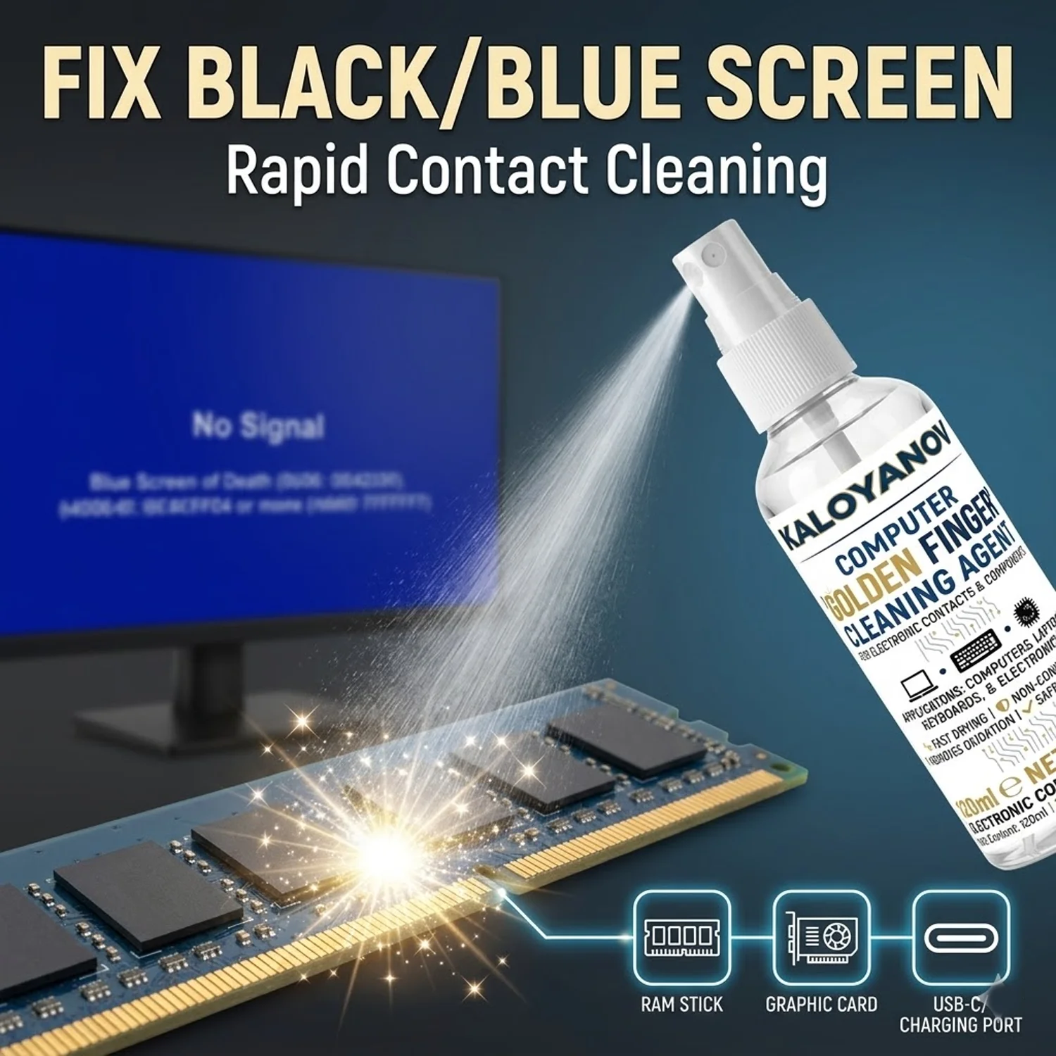 Kaloyanov Electronic Contact Cleaner Spray for PC RAM GPU Gold Finger Repair Fix Black Screen Phone Port Fast Dry Non-conductive