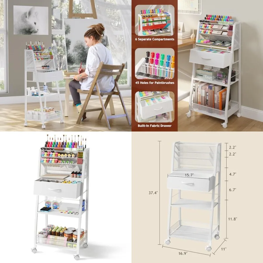 

Трехуровневая тележка на колесах - металлическая универсальная тележка с выдвижным ящиком и колесами, многофункциональный органайзер для творчества и рукоделия для дома, офиса или школы