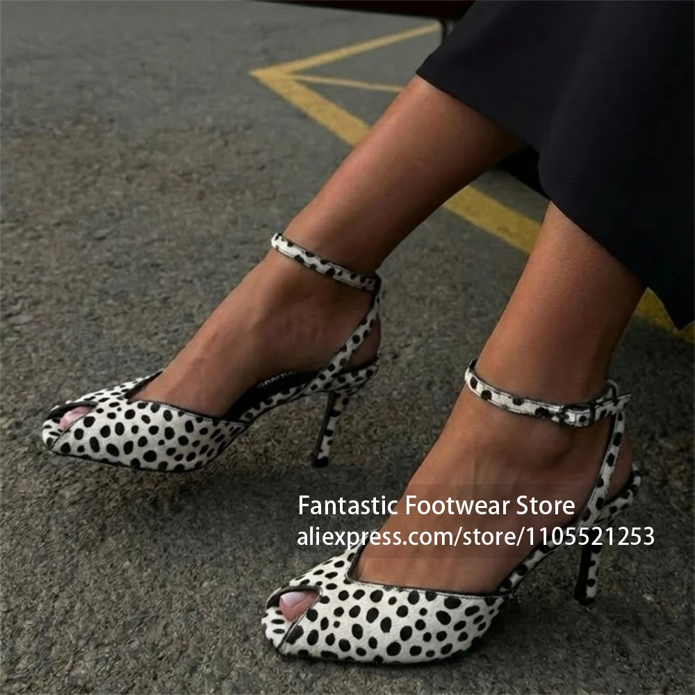 Dalmatian Spot Print Peep Toe Sandals Ankle Strap Stiletto High Heeled Summer Shoes Faux Horsehair Handmade Heels for Women