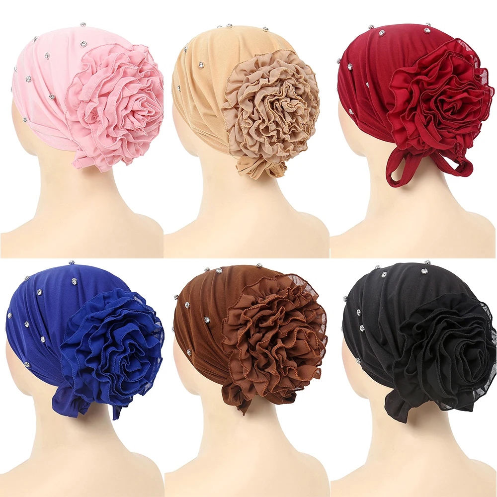 Crystal Muslim Hijab Wome Inner Hijab Caps Pre-Tied Back Flower Muslim women hijab kebaya Islam Underscarf Turban hijabs femme