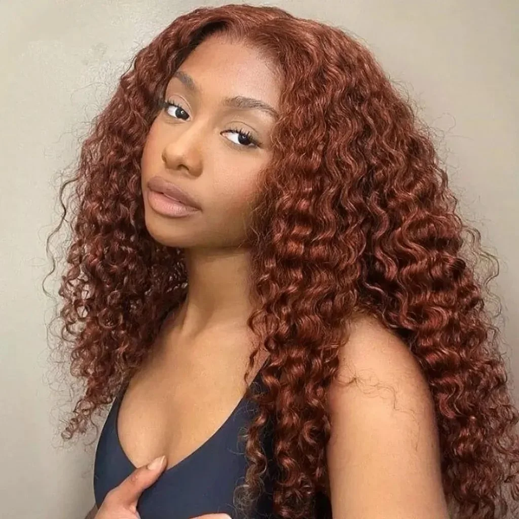 

Красновато-коричневые глубокие волны, кружевные передние парики, человеческие волосы, плотность 200, вьющиеся фронтальные парики для чернокожих женщин, предварительно выщипанные с детскими волосами