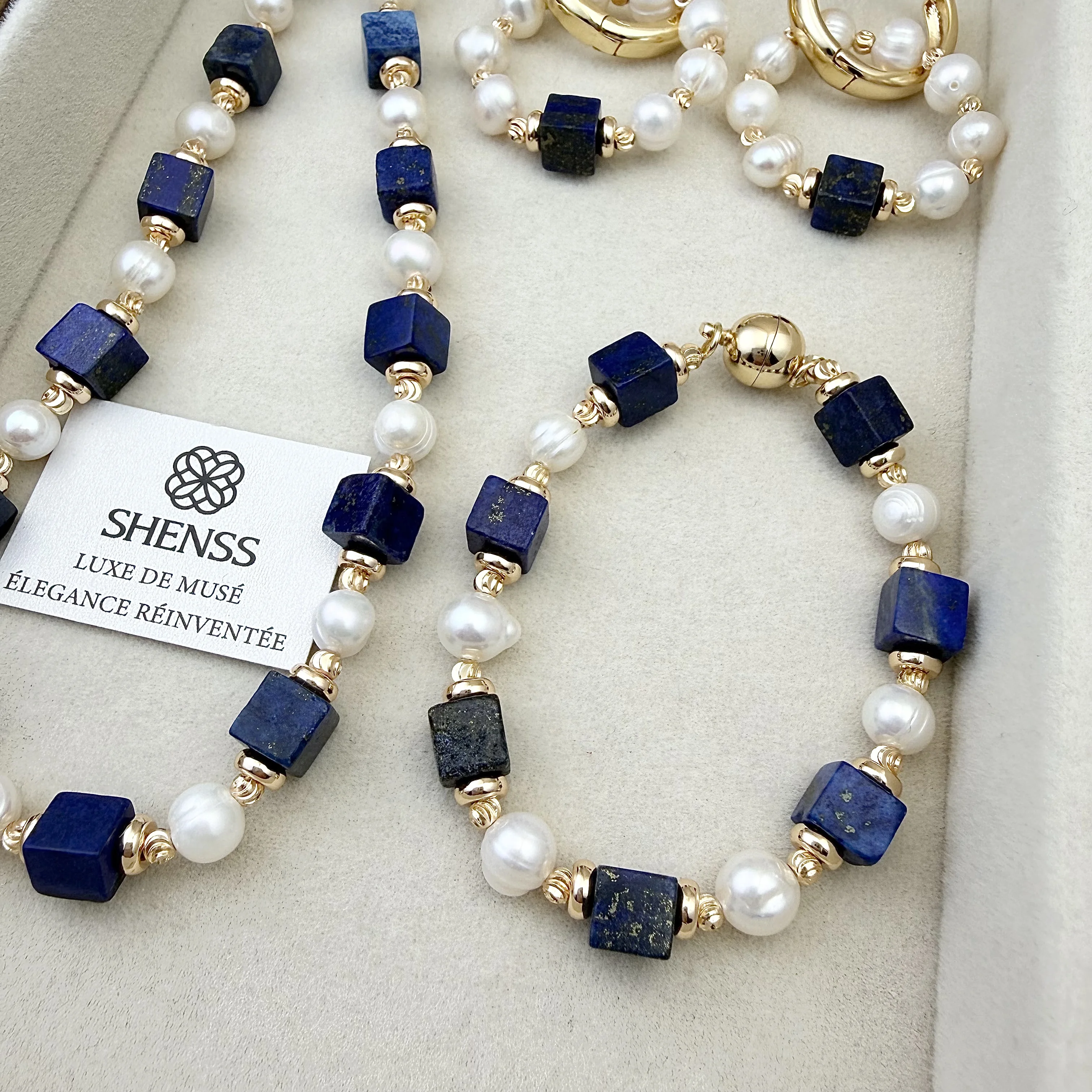 Natural Lapis Lazuli Cube Freshwater Pearl Jewelry Set Luxury Blue White Contrast Necklace Bracelet Earrings Elegant Versatile view 5