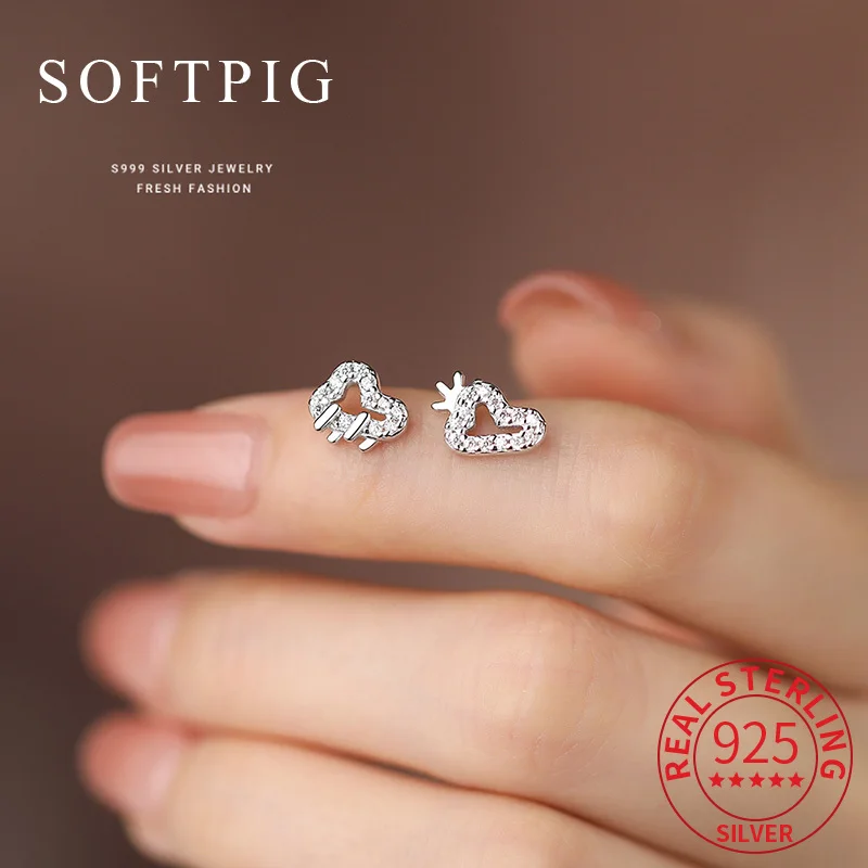 

SOFTPIG Real 925 Sterling Silver Asymmetric Zircon Sunny Rain Mini Stud Earrings for Women Party Cute Fine Jewelry Accessories