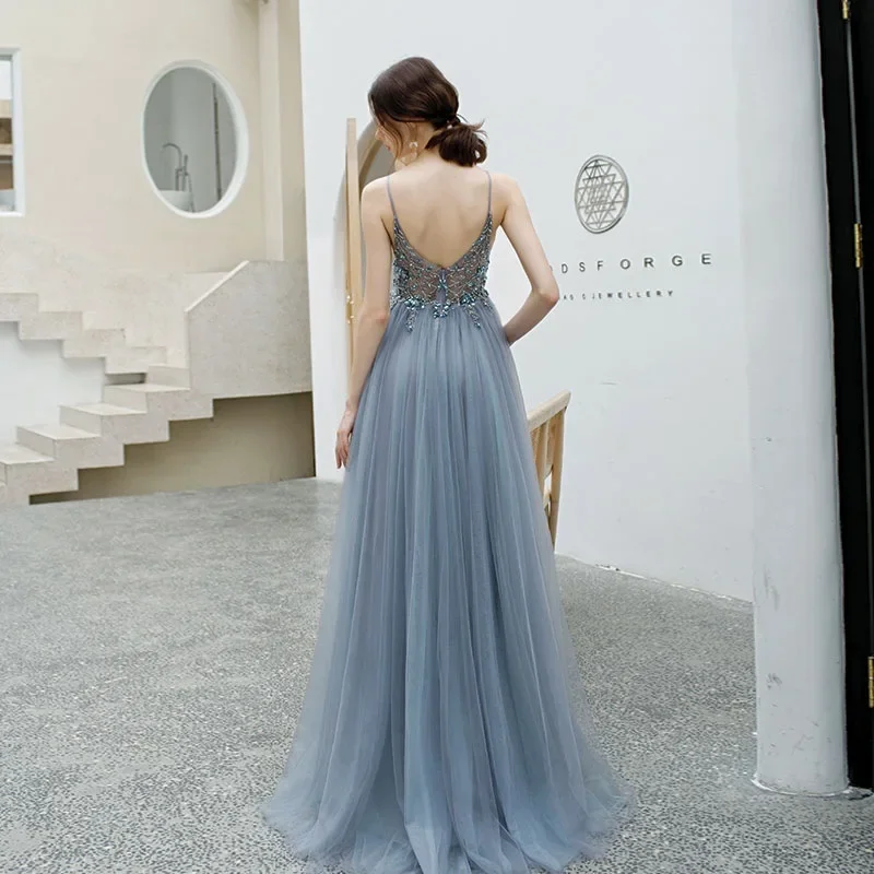 Elegant Sexy  V Neck Long Slip Evening Dress Applique Split Tulle Perspective A-line Prom Dress Party Evening Dress