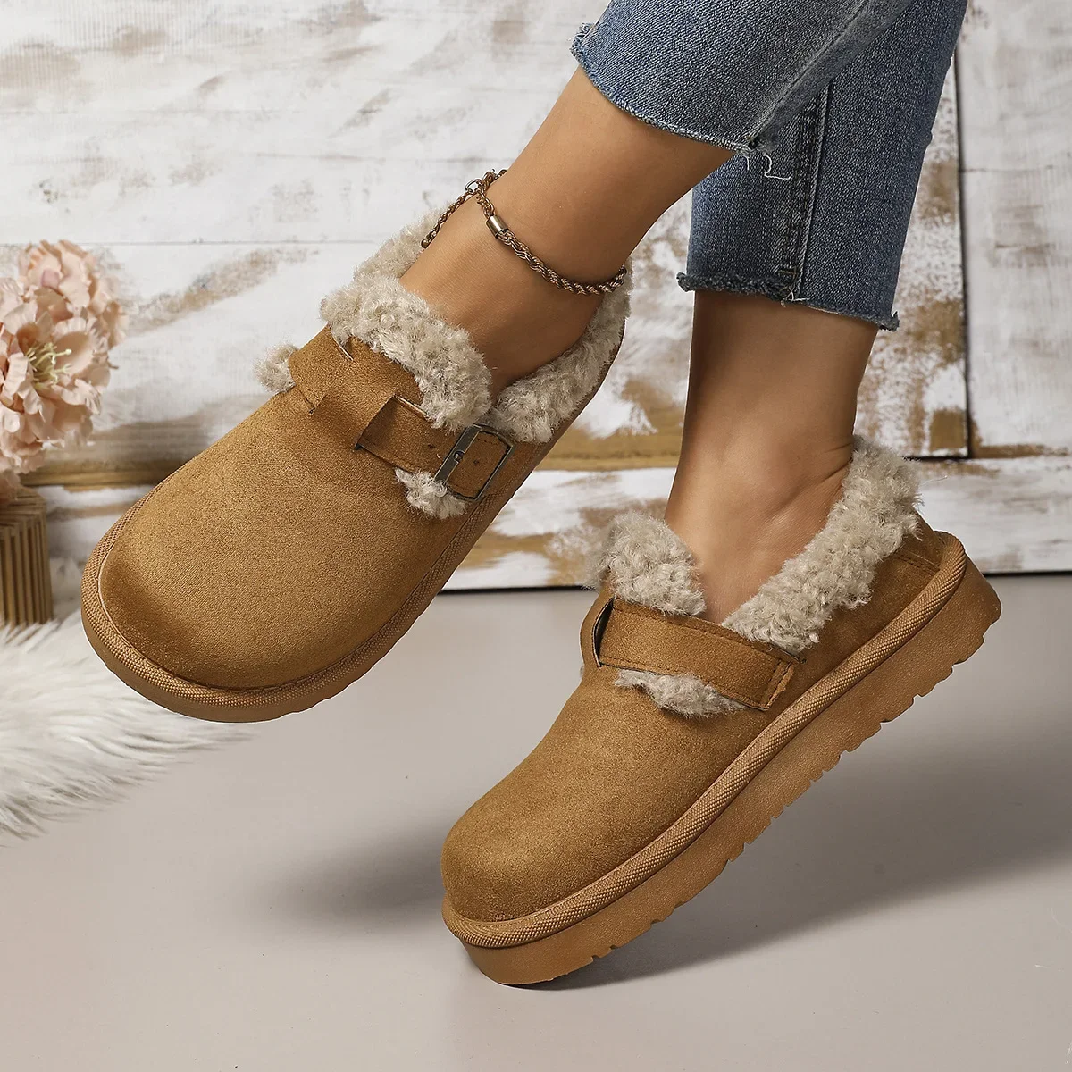 

Новинка 2025, зимние женские ботинки, плюшевые модные туфли-бобы в стиле ретро, хлопковые женские тапочки на плоской подошве, женские ботинки на платформе