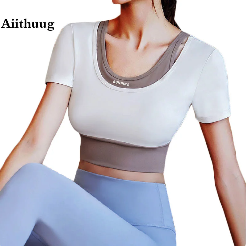 Aiithuug Splicing Fake Two Pieces Short Sleeve Yoga Crop Tops Padded Gym Crop Top Fitness Sports Top Gym Shirts Active Wearing