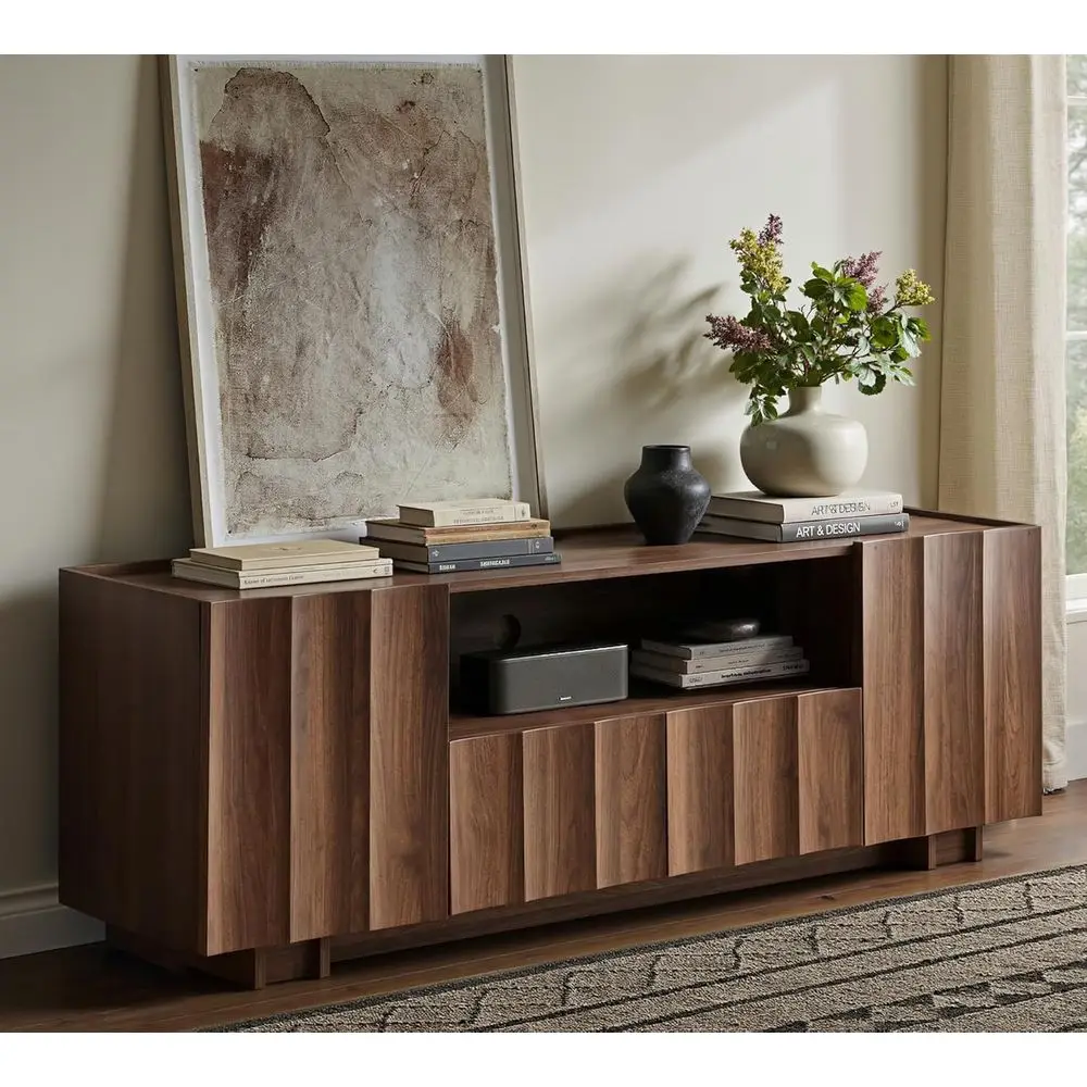 61" TV Stand or 70 Inch TV, Century ern TV Stand with Wave Design, Wood Grain inish, Media ole with Adjustable Shelves, Entertai