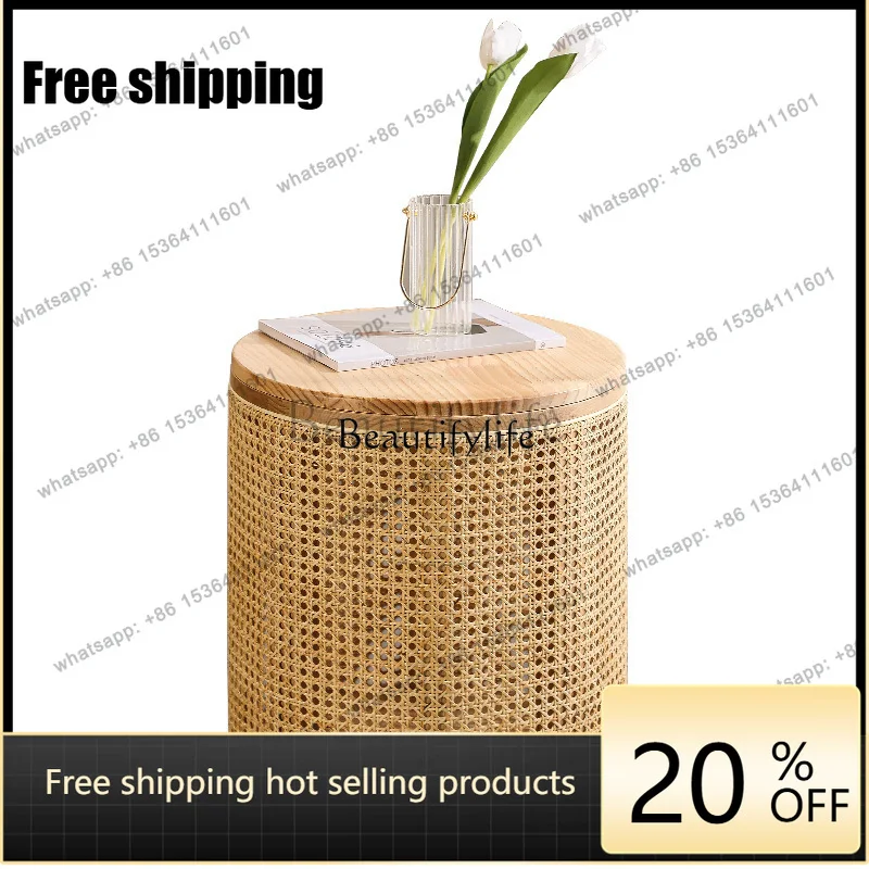 Factory Direct Solid wood rattan edge few round storage small coffee table Japanese living room