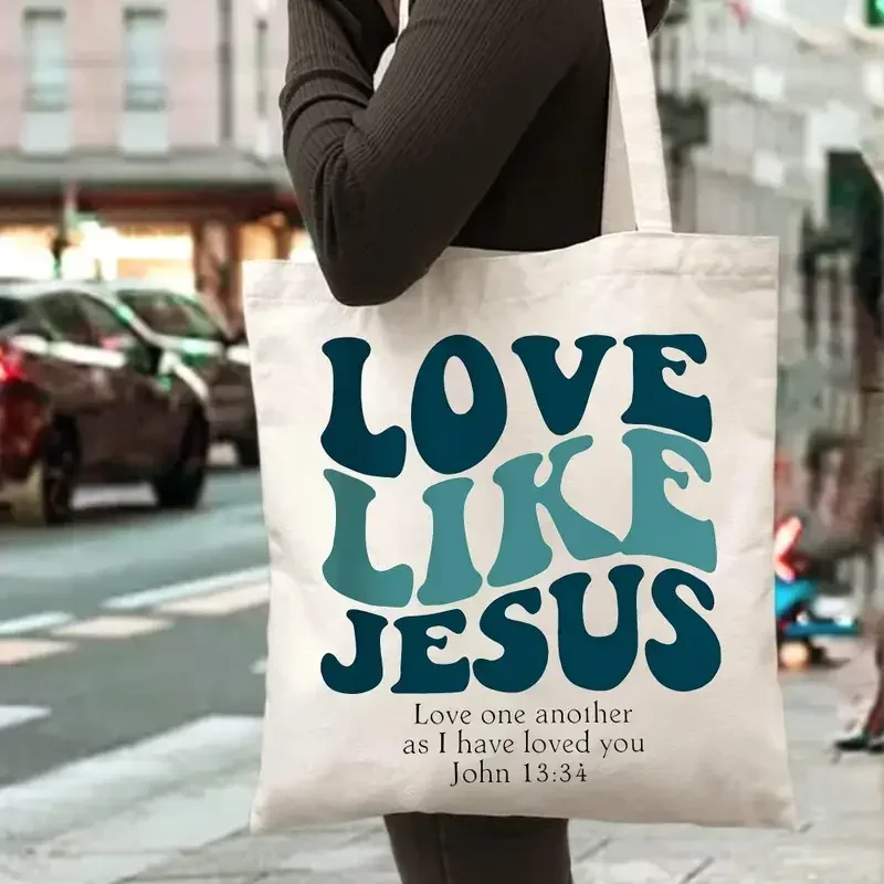 Shopping Bags Canvas Printing Love Like Jesus Tote Bag Reusable Grocery Bag Bold Blue Lettering Tote Bag for Women's Fashion &