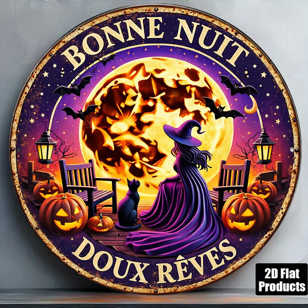Placa de aluminio plana 2D de Halloween, regalo decorativo para amantes, Sorcière Et Chat, arte de pared vintage redondo para cafetería, bar, patio, jardín