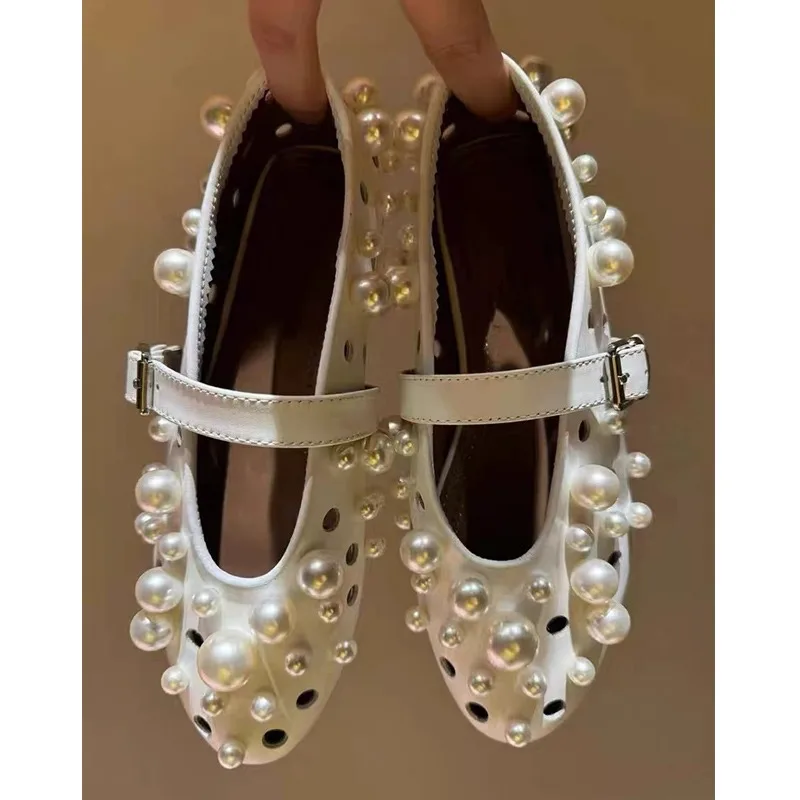 

Flat Pearl Shoes Round Head Jeweled Ballet Flats Women Top Genuine Leather Loafers Slip on Bride Party Dance Shoes Luxury Shoes