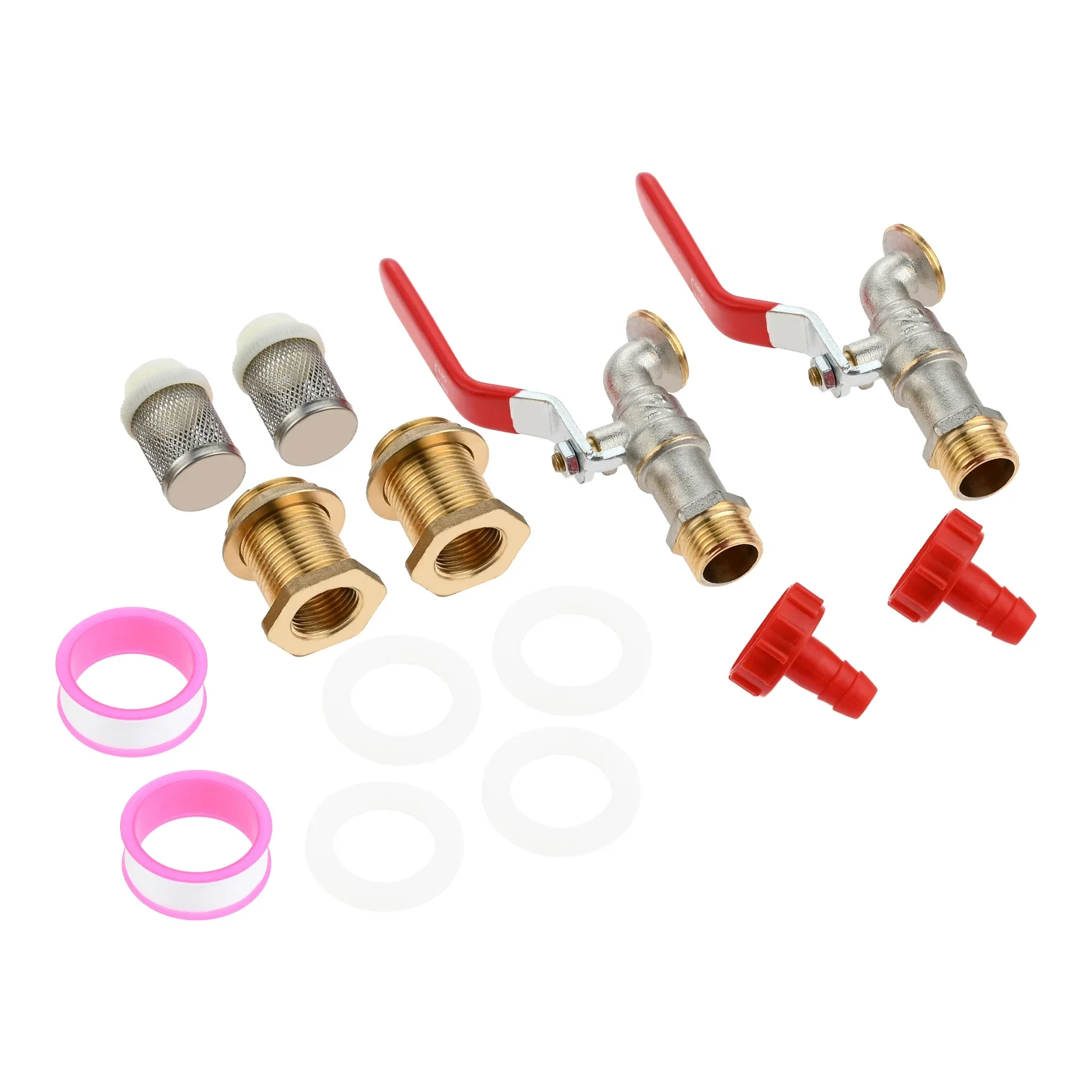 

2Pcs Brass Faucet Kits Turn Ball Valve Rain Barrel Spigots with Bulkhead Fitting, 1/2 Garden Hose Adapter, Filter Mesh and Tape