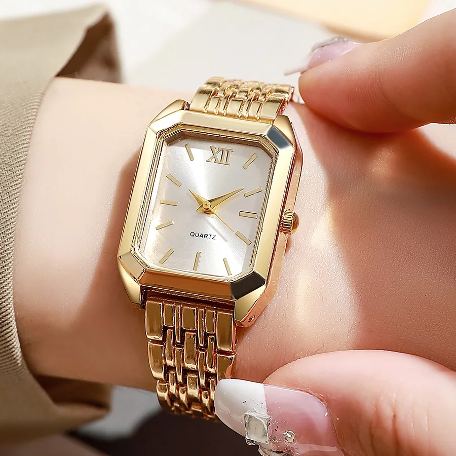 Luxury Women's Quartz Watch Set Fashion Alloy Band Business Ladies Watches Square Quality Gold Plated Folding Female Clock