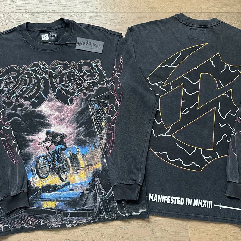 

Godspeed Trendy Long Sve Cotton T-irt Waed Vintage Print American INS Ro Casual Loose Fit T-irt for Youth