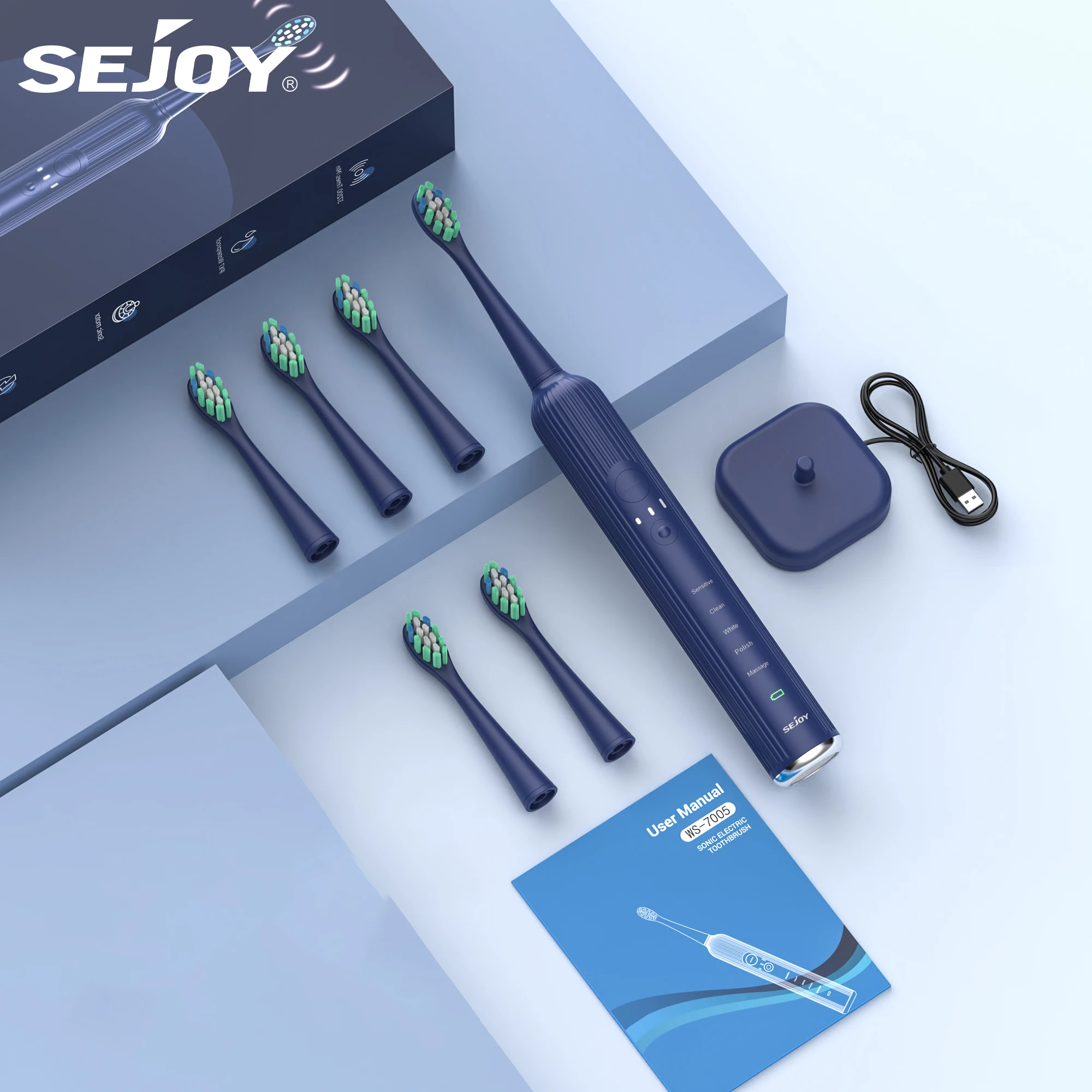 

Sejoy Ультра-отбеливающая звуковая зубная щетка — перезаряжаемая электрическая зубная щетка — 8 насадок, беспроводная зарядка, 5 режимов, умный таймер