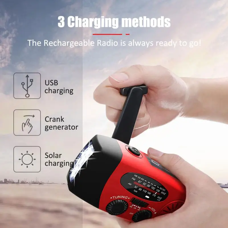 

Weather Radio 1000mah Portable For Camping Hand Crank Radio Emergency Flashlight Solar Radio 3 Led Lights Usb Charger