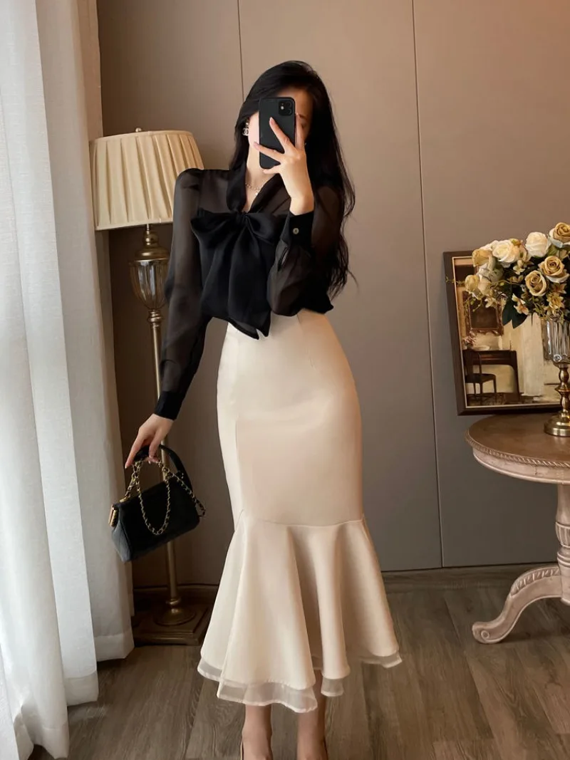 

Новый французский модный осенний костюм с юбкой-русалкой, женский элегантный костюм с длинным рукавом на шнуровке и галстуком-бабочкой + тонкие облегающие юбки, комплект из двух предметов