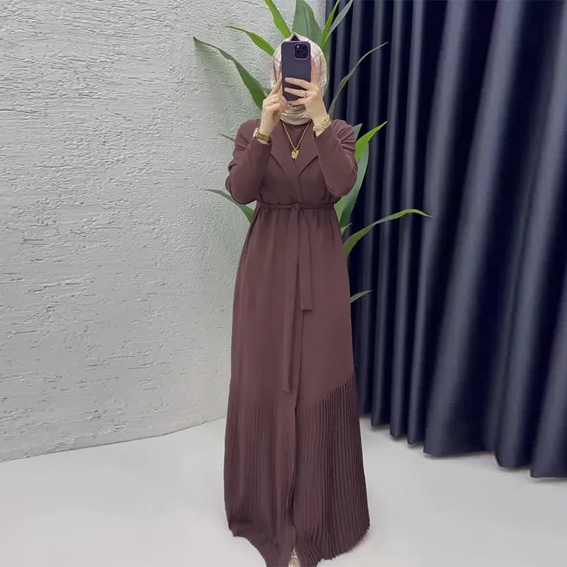 Modisches, lässiges Bankettkleid mit großem Saum, hohe Taille, plissiert, neues einfarbiges Kleid, Rundhalsausschnitt, langärmeliges Kleid