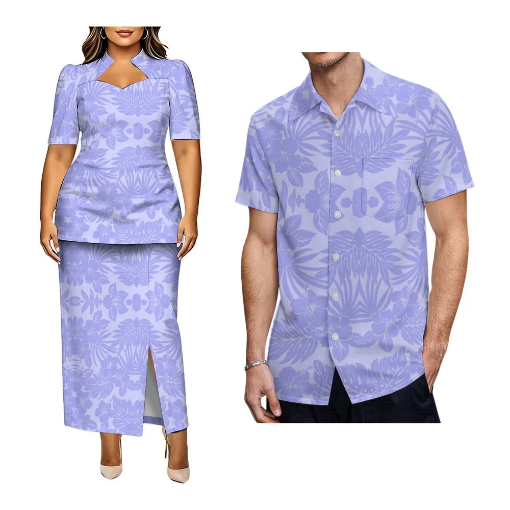 Polynesian Women'S Puletasi Dress And Men'S Aloha Short-Sleeved Shirt For A Luxurious Evening Party Dress For Couples